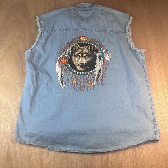 Vintage Biker’s Edge Wolf Dreamcatcher Cutoff Shirt XL Light Blue Denim - Picture 1 of 4